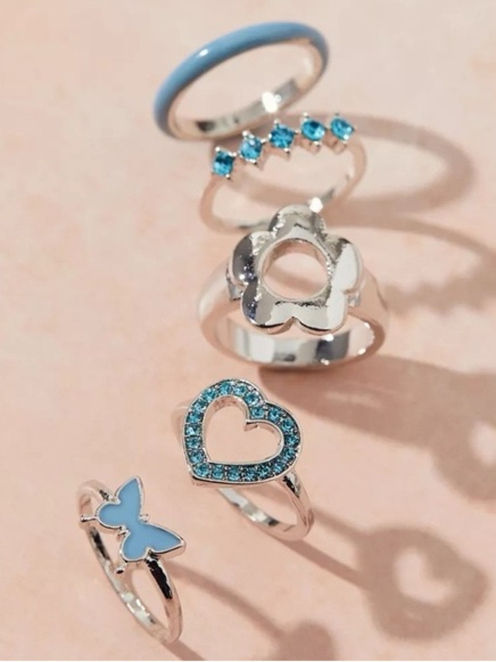 Urban Outfitters Bridget Rhinestone Ring Set- Set of 5 Silver & Baby Blue Rings